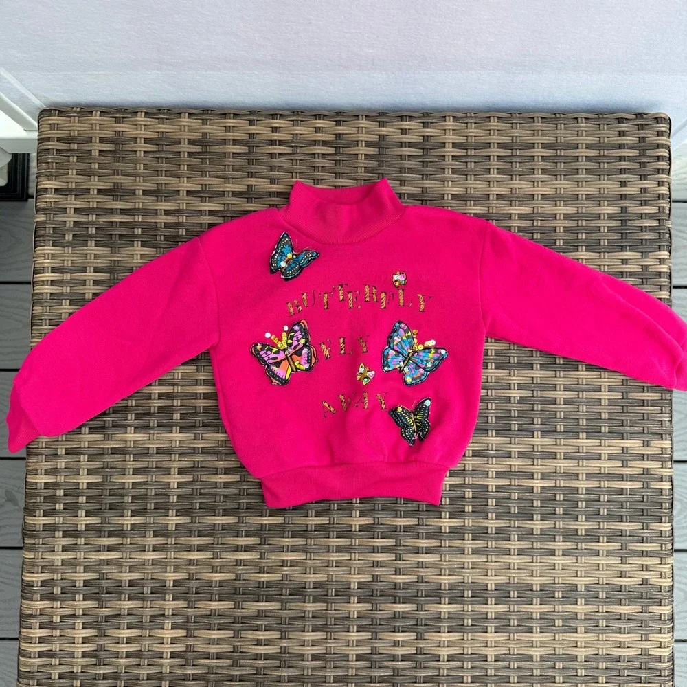Vintage 90s ZING Girls Size 4 Pink 3D Butterfly Fleece Sweatsuit 2 Pc Set
